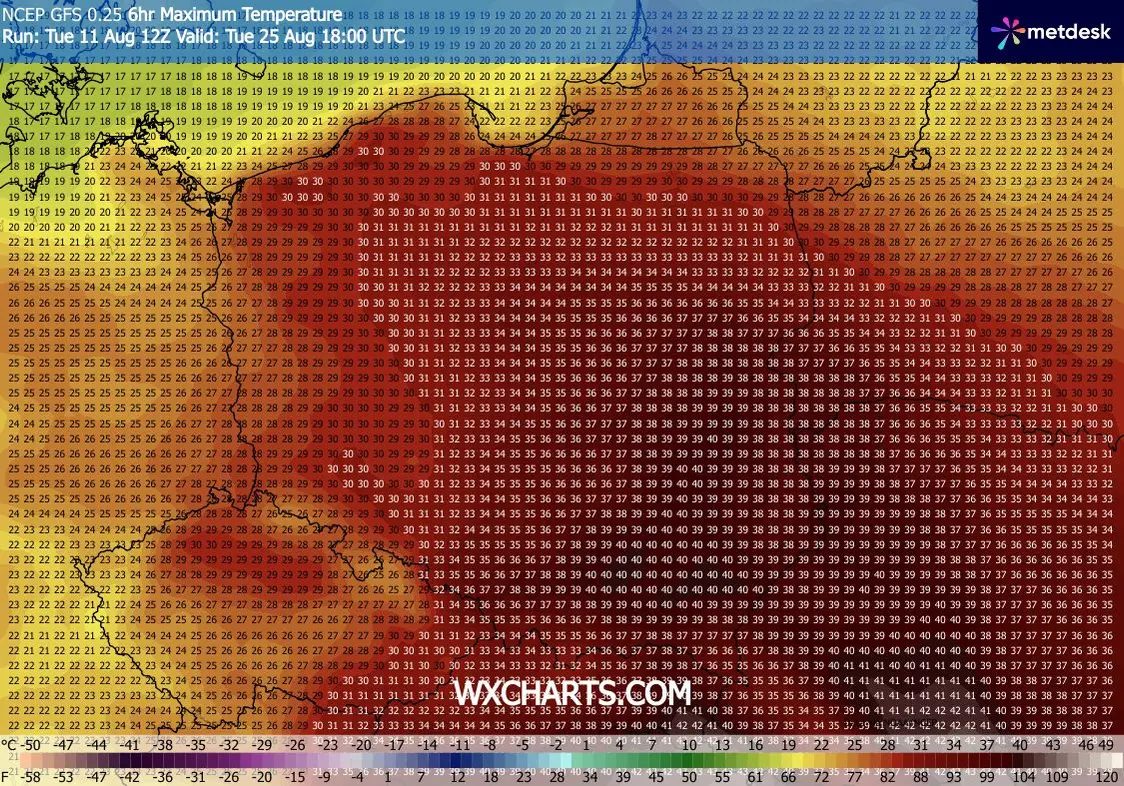 Prognoza temperatur na 25 sierpnia według modelu GFS