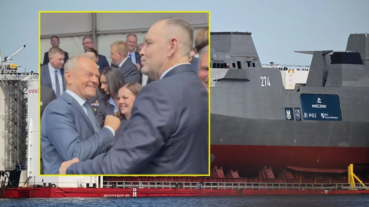 Donald Tusk i Karol Nawrocki na chrzcie okrętu