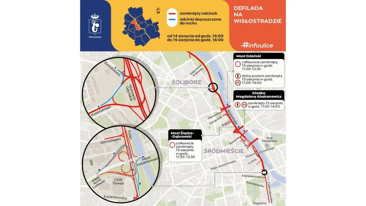 Mapa pokazuje utrudnienia w centrum Warszawy