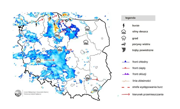 Miejsce występowania burz w środę po południu