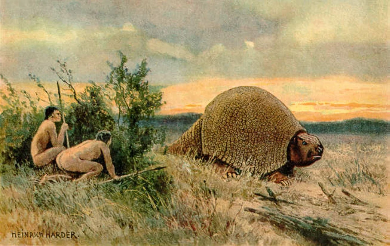 Pierwsi mieszkańcy Ameryki Południowej spotykają glyptodona. Rysunek Heinricha Hardera Paleoindianie spotykali ogromne pancerniki