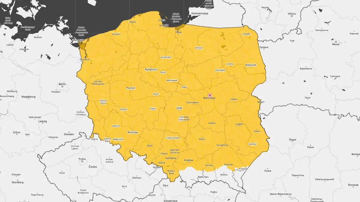 Mapa z alertami przed silnym wiatrem