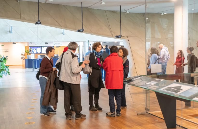 Rachelle Halpern, right, and other participants in the Miszpucha Foundation trip visit the Polin Museum of the History of Polish Jews in Warsaw, Poland.