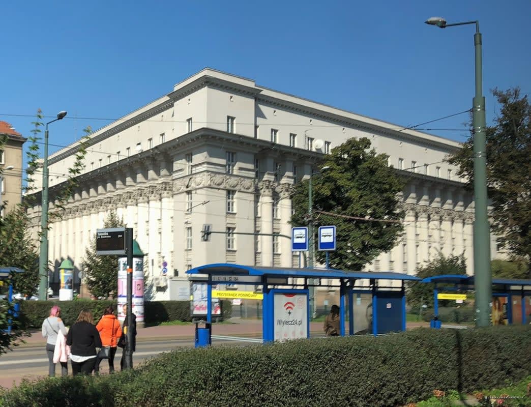 The monumental building of the former PKO bank in Krakow, with its light stone colonnade, on the corner of Dietla and Wielopole streets