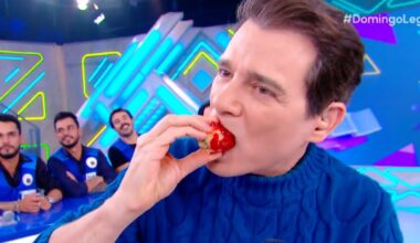 Celso Portiolli sofre ao vivo com 'morango do amor'