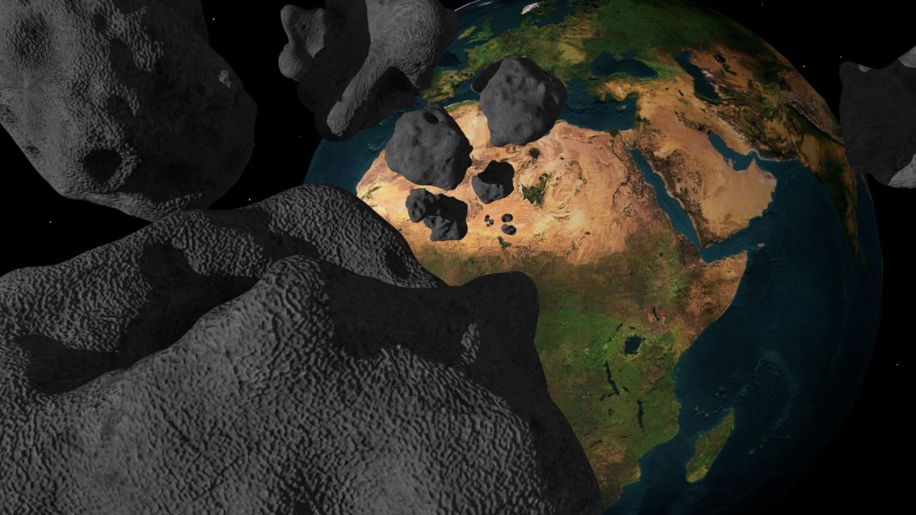 Imagem ilustrativa de asteroides em direção à Terra.