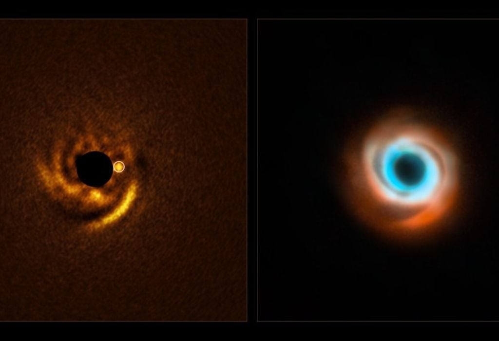 À esquerda, ponto brilhante mostra possível planeta em formação ao redor da estrela HD 135344B (escondida pelo círculo preto); à direita, imagem combinada revela os braços de poeira e gás esculpidos ao redor da estrela. — Foto: ESO/F. Maio et al./T. Stolker et al./ ALMA (ESO/NAOJ/NRAO)/N. van der Marel et al.
