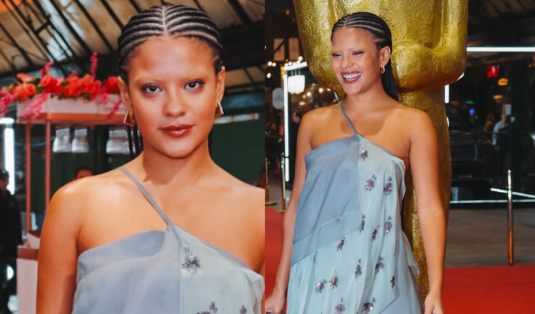A Fátima está diferente! Bella Campos surge com sobrancelhas descoloridas e look de R$ 40 mil no Festival de Gramado; veja fotos.
