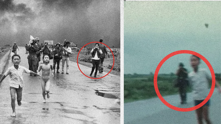 Em outra imagem do mesmo momento, Nguyen Thanh Nghe pode ser visto segurando uma câmera parecida com uma Pentax (esquerda); à direita, uma figura usando equipamento de proteção que poderia ser Nick Ut pode ser vista no vídeo (direita).