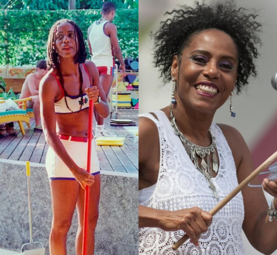 Dill Costa vivia a faxineira Candelária. Atualmente, ela mora nos Estados Unidos, onde é professora de arte, dança e educação física — Foto: TV Globo e Reprodução Instagram