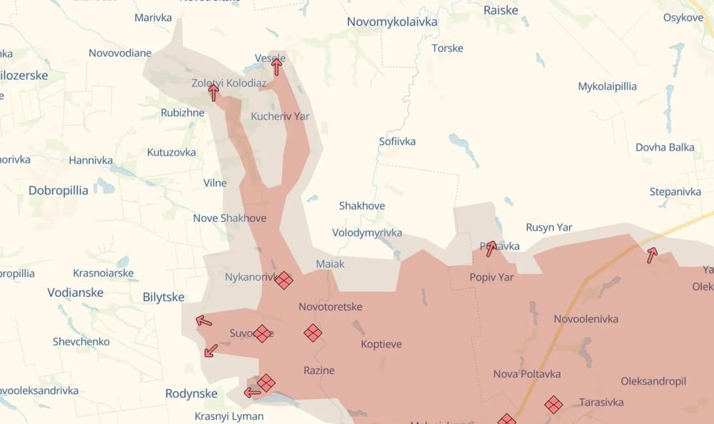 Imagem dos avanços russos no leste da Ucrânia, a norte da cidade de Pokrovsk, na região de Donetsk (DeepState UA)