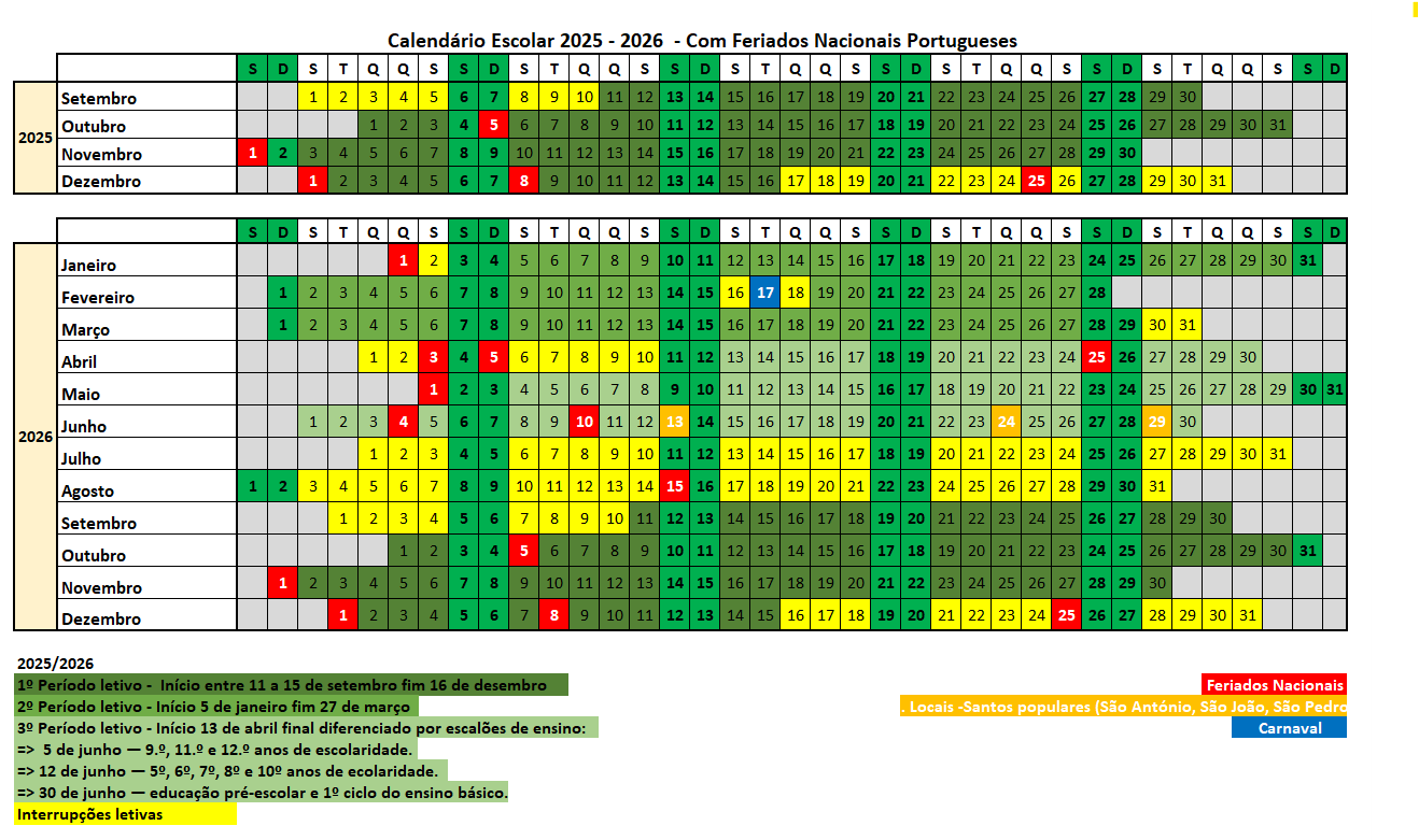 Calendário Escolar 2025 2026 em Excel