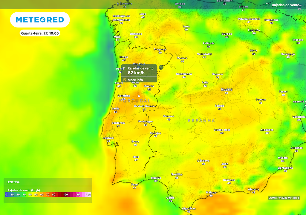 Rajadas de vento até 60 km/h na próxima quarta e quinta-feira em Portugal Continental