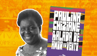 Rosto de uma mulher negra de cabelos presos com uma capa de livro ao lado e ao fundo uma textura amarela e laranja com sobreposição de fotos