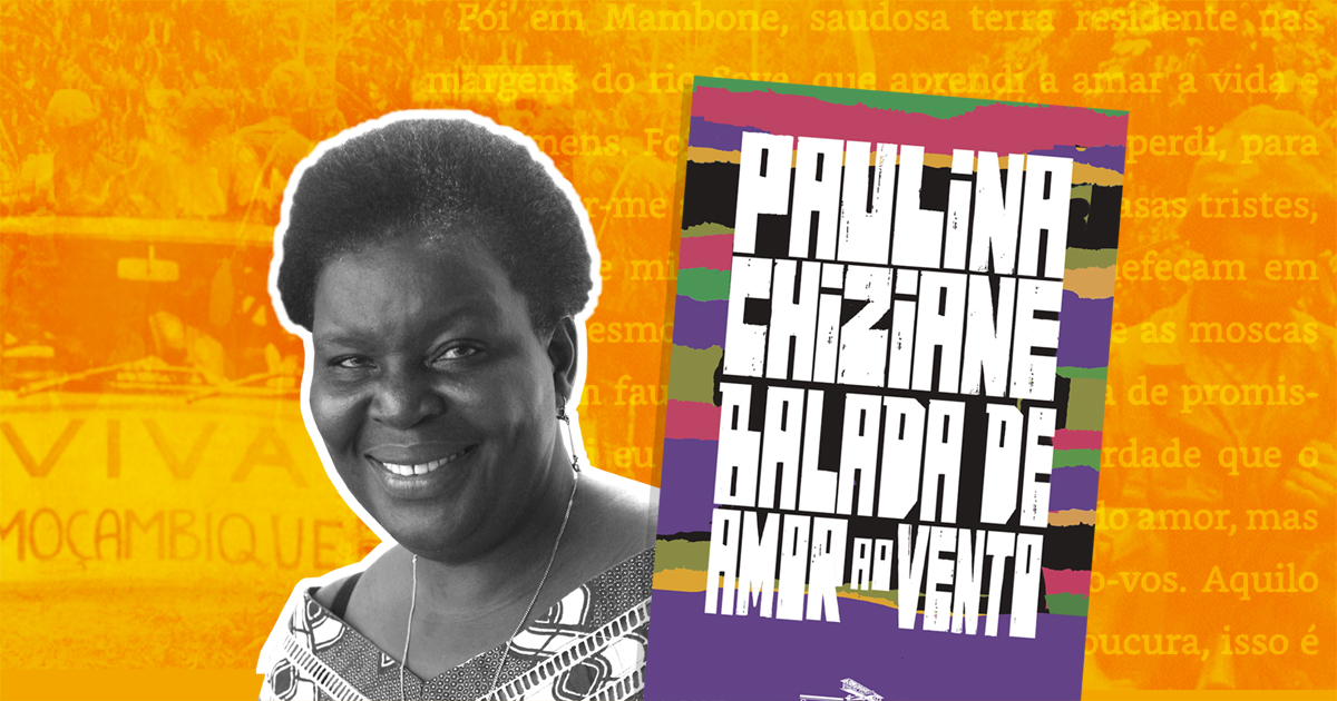 Rosto de uma mulher negra de cabelos presos com uma capa de livro ao lado e ao fundo uma textura amarela e laranja com sobreposição de fotos