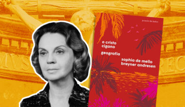 Montagem com uma foto em preto e branco de uma mulher branca de cabelos escuros e ao lado a capa de um livro, ao fundo a cor amarela e um cristo estilizado