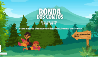 Ilustração com duas crianças a ler num jardim