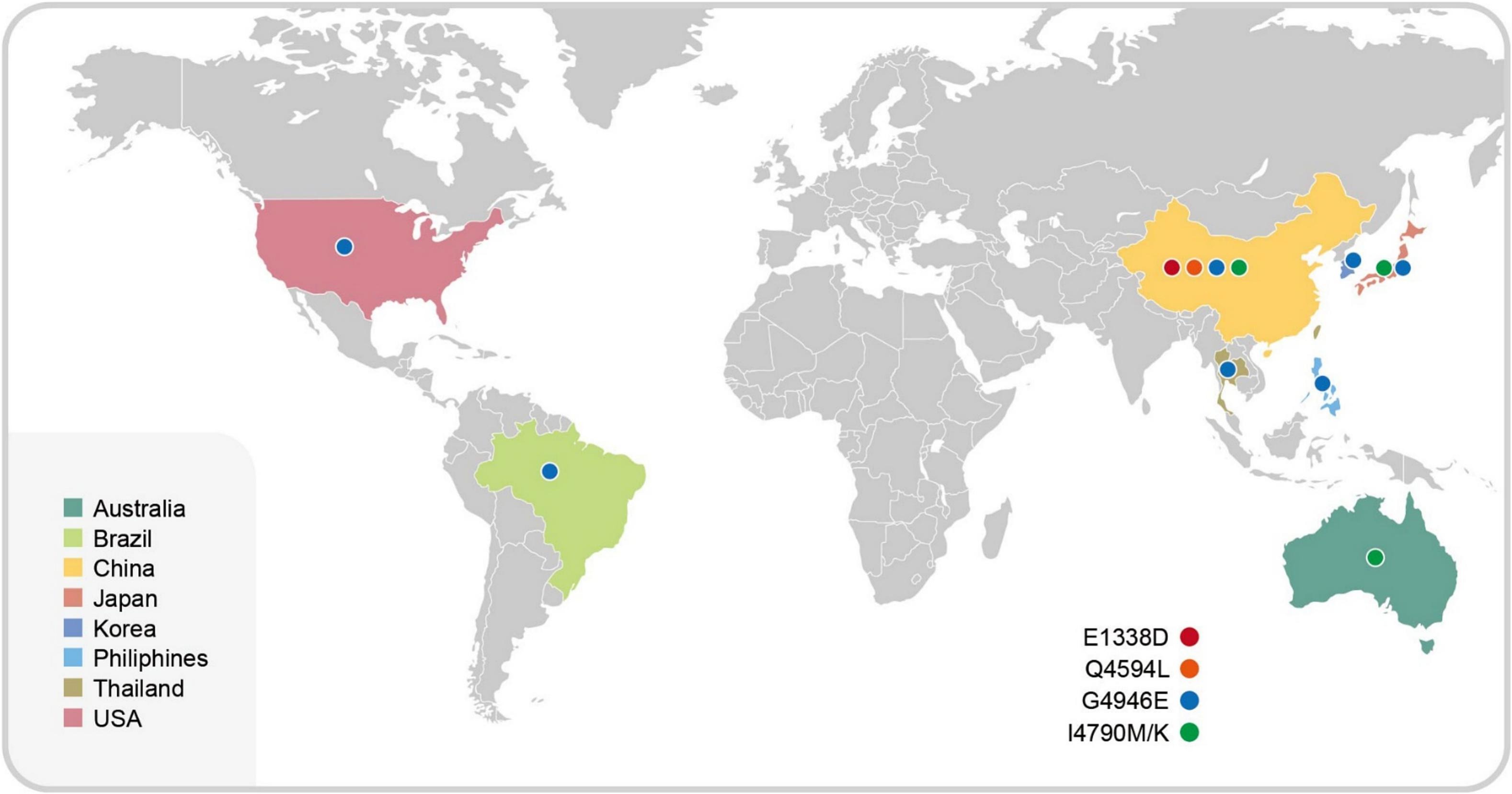 Distribuição global de mutações significativas do gene RyR de <i>P. xylostella</i> associadas à resistência à diamida. Os círculos coloridos representam diferentes substituições de aminoácidos com base na similaridade estrutural e funcional. Os círculos são plotados sobre os países onde as mutações correspondentes foram relatadas em populações de campo ou em linhagens de laboratório. As coordenadas da mutação referem-se à proteína RyR de <i>P. xylostella</i> para manter a consistência entre os estudos - doi.org/10.1016/j.pestbp.2025.106629