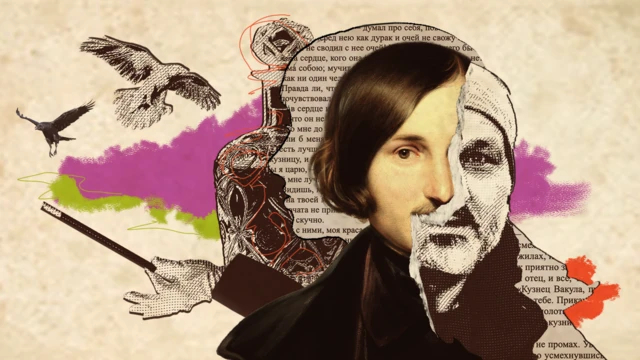 Colagem com imagens do escritor russo Nikolai Gogol e do condenado Beka Tsirekidze