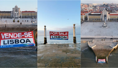 Bordalo II instala novo cartaz provocador em plena Praça do Comércio... "Vende-se Lisboa"