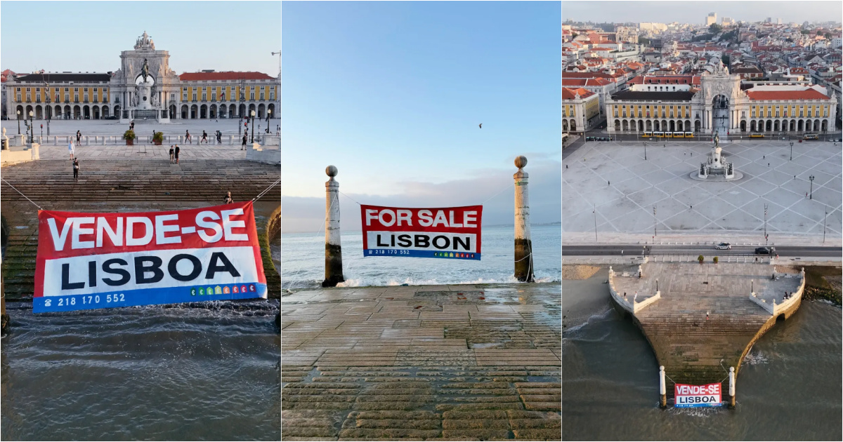 Bordalo II instala novo cartaz provocador em plena Praça do Comércio... "Vende-se Lisboa"