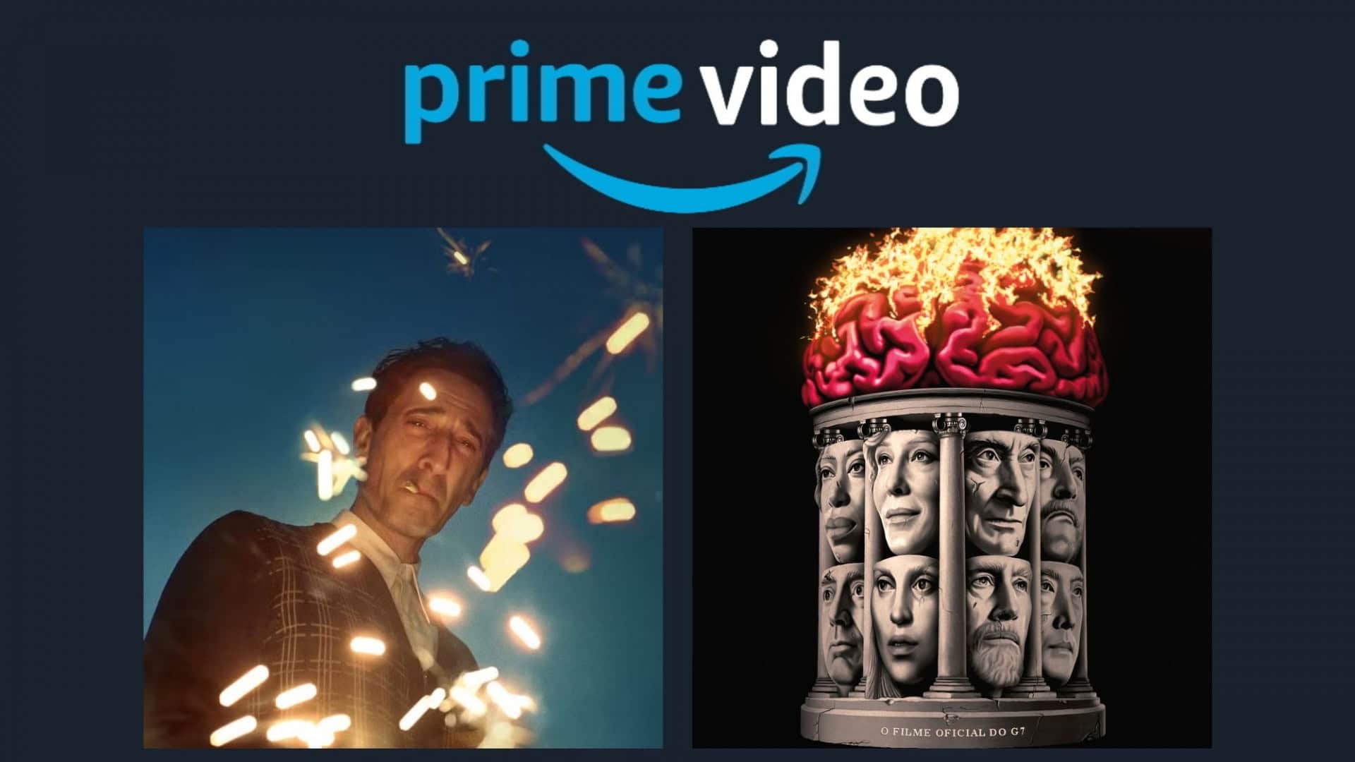 Montagem com pôsteres dos filmes O Brutalista e Cúpula do Caos, que chegam ao Prime Video
