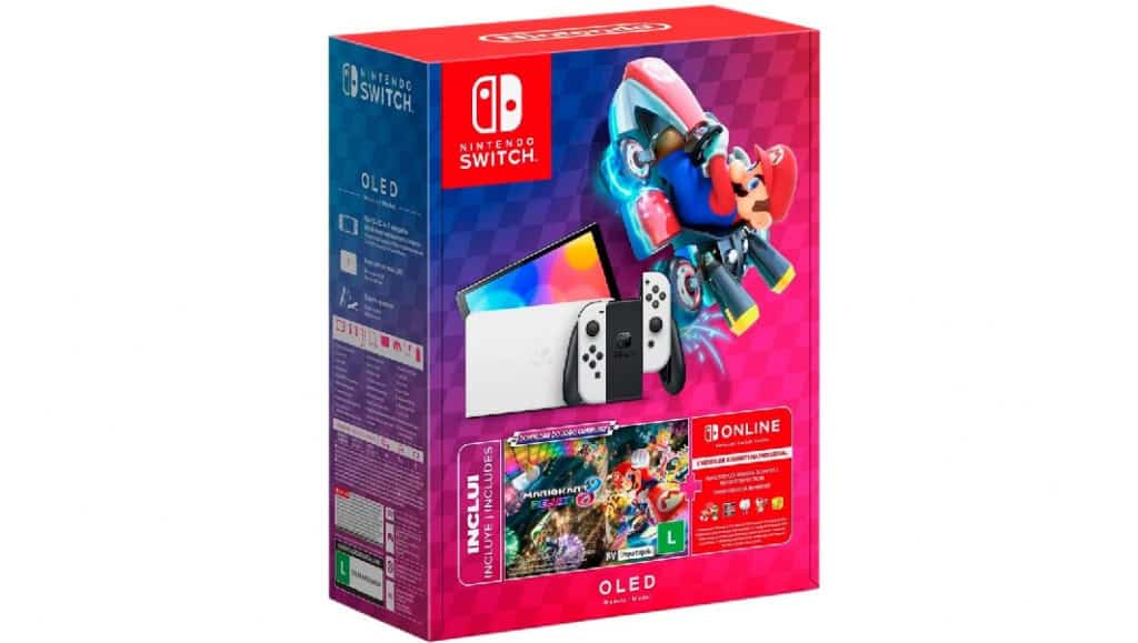 Nintendo, Console + Jogo, Switch OLED Branco, Jogo Digital Mario Kart 8 Deluxe, 3 Meses de Assinatura Nintendo Switch Online
