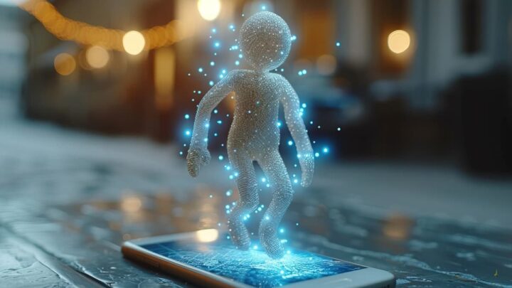 Boneco 3D a sair de um smartphone