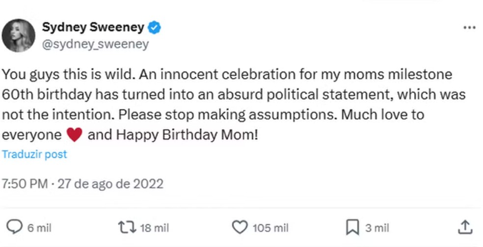 Tweet da atriz em manifestação a polêmica do aniversário de 60 anos de sua mãe — Foto: Reprodução: X