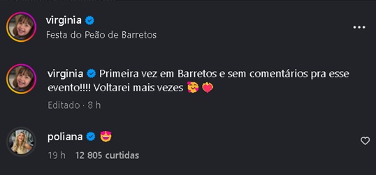 Comentário de Poliana Rocha em post de Virginia no Instagram