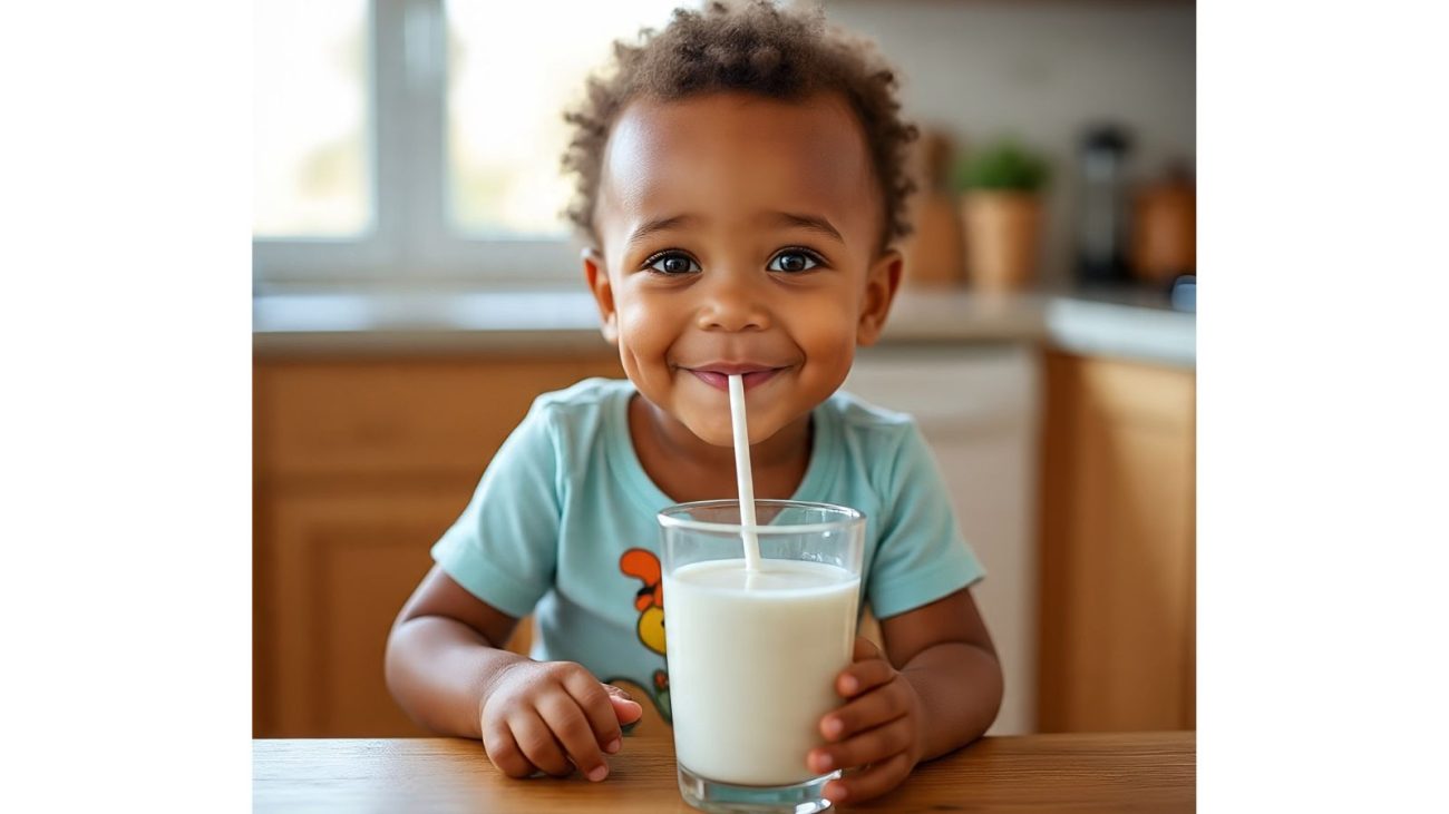 Imagem mostra uma criança feliz tomando um copo de leite em um canudo num ambiente de cozinha. 