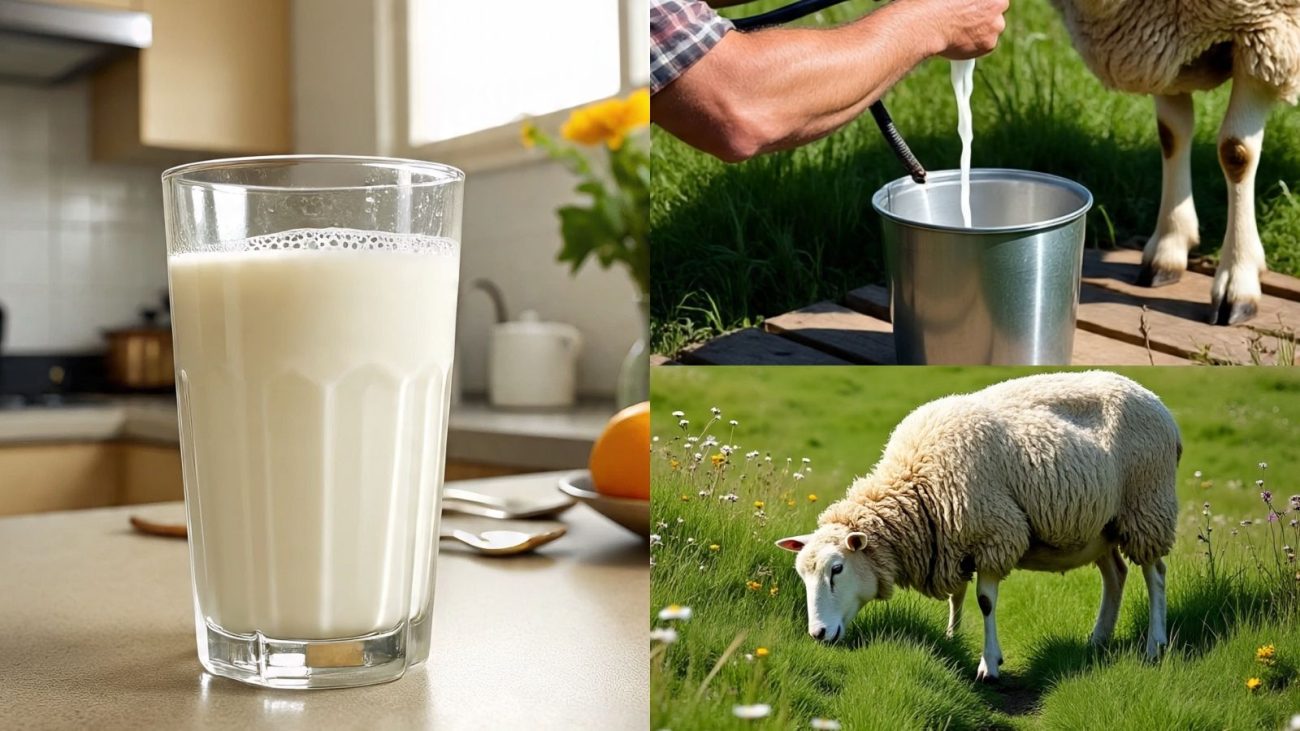 Imagem mostra uma colagem com três fotos onde aparece um copo de leite, uma ovelha sendo ordenhada e uma ovelha no campo verde para ilustrar a matéria "Leite de ovelha é o melhor para fazer vitamina proteica e ganhar massa muscular". 