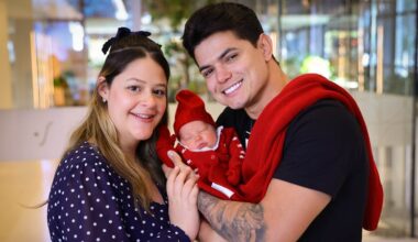 Filha de Tom Cavalcante deixa a maternidade com sua herdeira e o marido