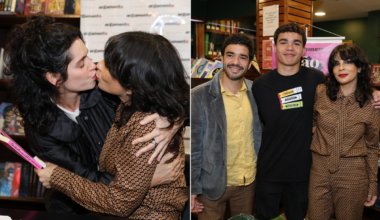Maria Ribeiro ganha selinho de Maria Flor e é tietada por Caio Blat e filho em lançamento de livro