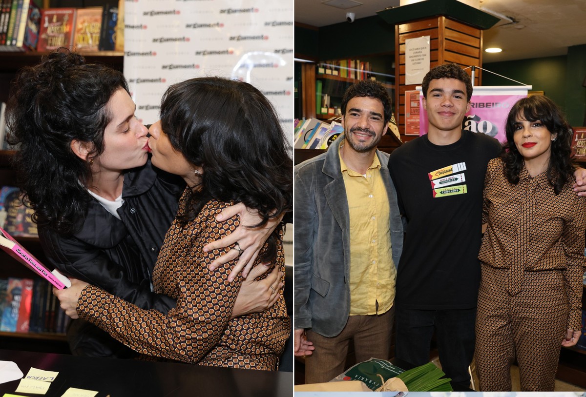 Maria Ribeiro ganha selinho de Maria Flor e é tietada por Caio Blat e filho em lançamento de livro