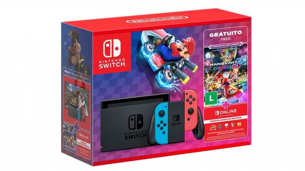 Nintendo, Console + Jogo, Switch Azul e Vermelho, Jogo Digital Mario Kart 8 Deluxe, 3 Meses de Assinatura Nintendo Switch Online
