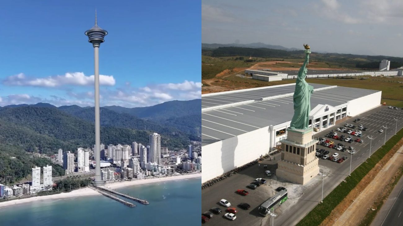 Foto dividida mostra torre em Itapema e estátua da Havan