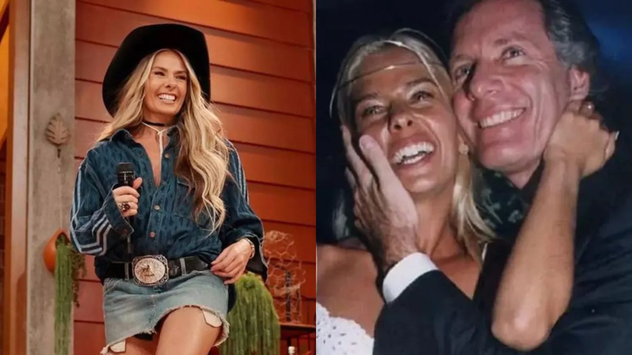 Imagem mostra Adriane Galisteu apresentando A Fazenda e uma segunda foto de Adriane Galisteu e Roberto Justus abraçados no dia do casamento. 
