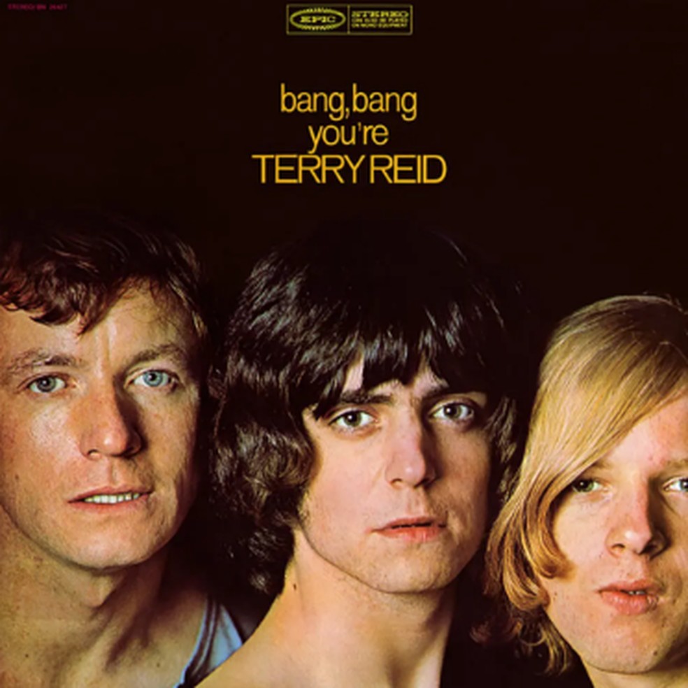 Capa do disco 'bang, bang, you're Terry Reid': a partir da esquerda, o baterista Keith Webb, o vocalista Terry Reid e o tecladista Bill Bonham — Foto: Divulgação