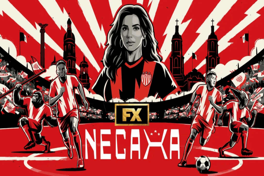 Ilustração em preto e vermelho de homens jogando futebol com o nome da série no meio e a imagem de uma mulher ao fundo usando uma camiseta de futebol
