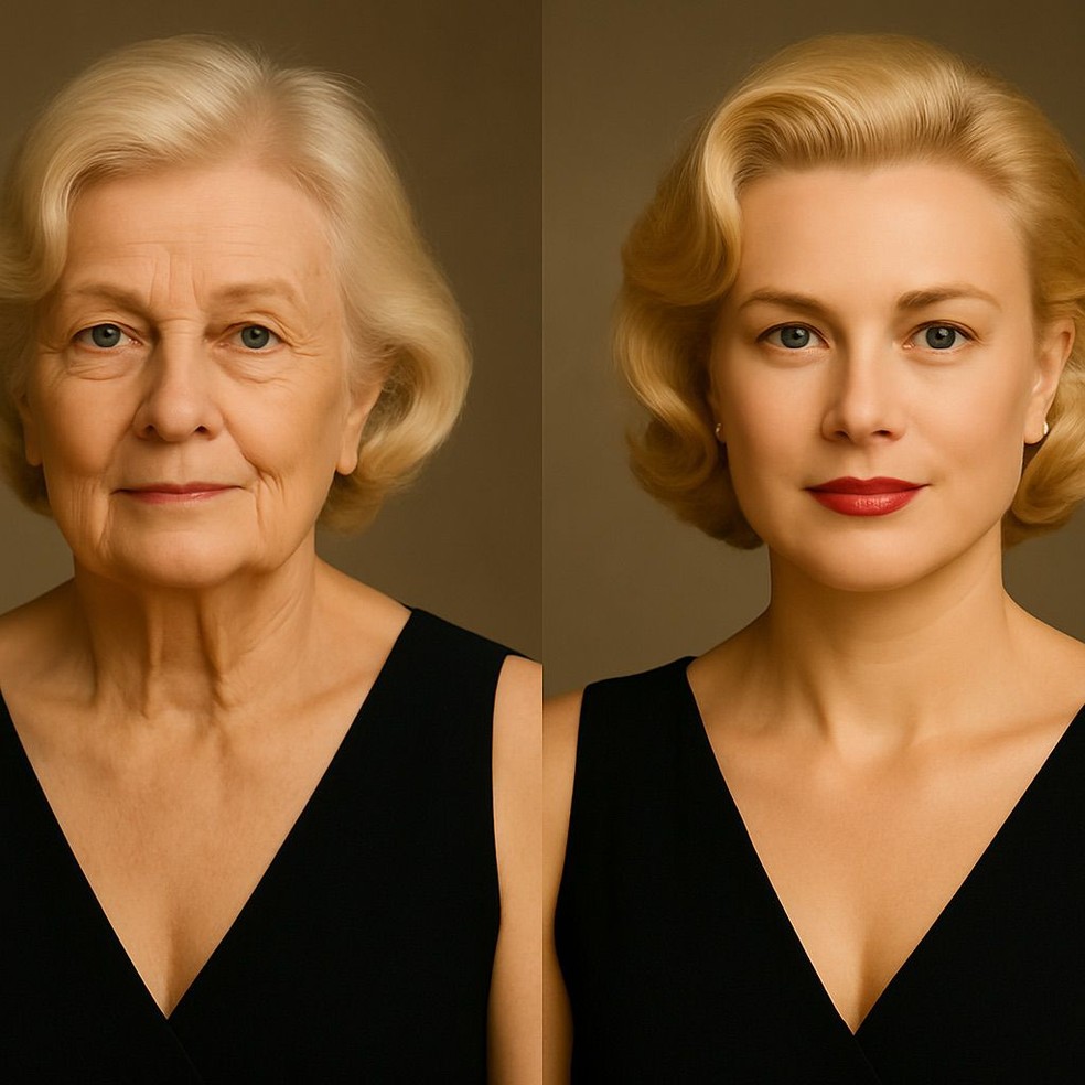 Grace Kelly: projeção aos 95 anos (à esquerda) e versão aos 85 anos com estética moderna (à direita) — Foto: Divulgação CO Assessoria