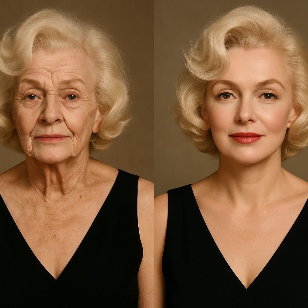 Marilyn Monroe: projeção aos 96 anos (à esquerda) e versão aos 70 anos com estética moderna (à direita) — Foto: Divulgação CO Assessoria