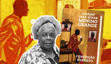 Fundo colorido com uma imagem acima de uma mulher negra de cabelos brancos e a capa de um livro de cabe