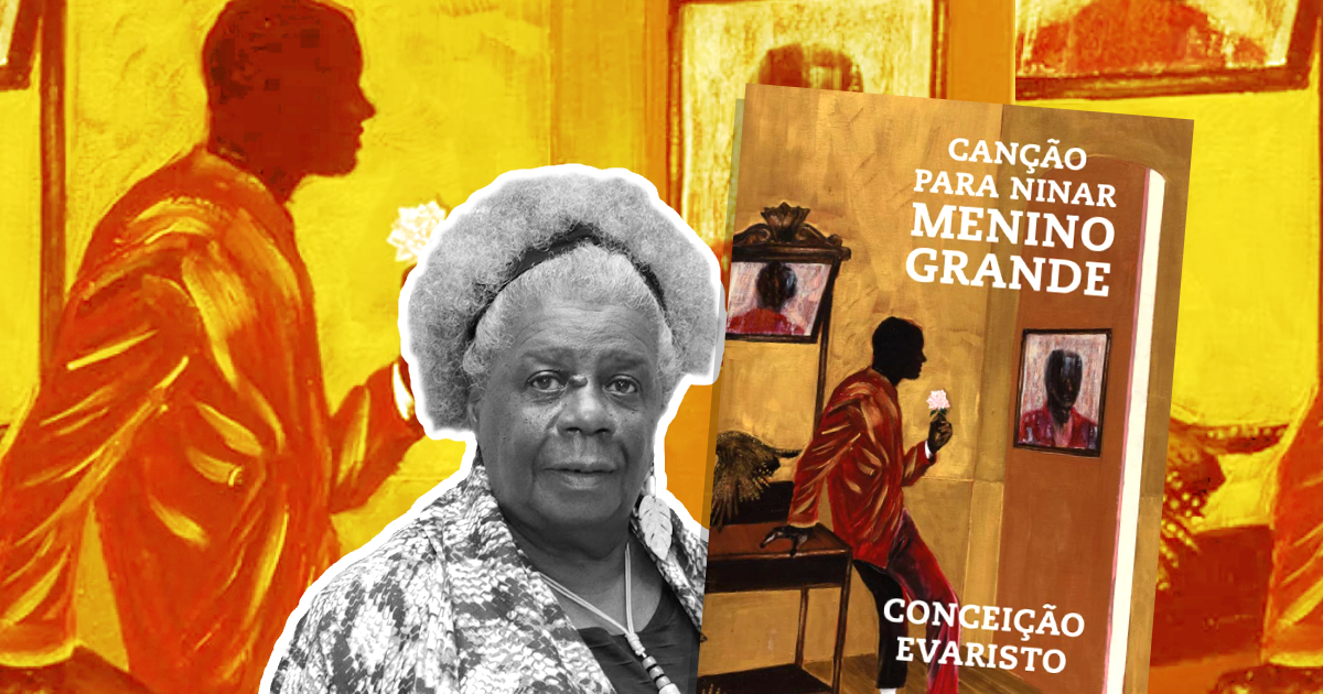 Fundo colorido com uma imagem acima de uma mulher negra de cabelos brancos e a capa de um livro de cabe
