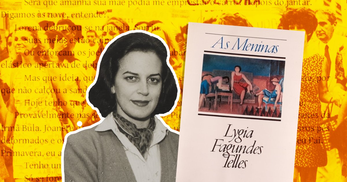 Montagem com a foto de uma mulher branca jovem de cabelos escuros compridos ao lado de uma capa de livro e ao fundo mulheres numa manifestação e palavras por cima da imagem