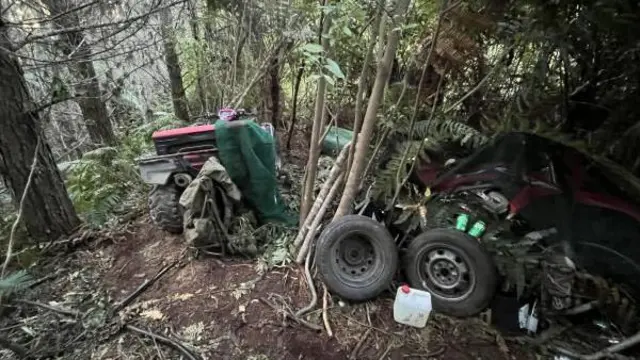 Dois quadriciclos estacionados entre árvores em um acampamento na mata densa da Nova Zelândia