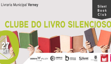 Imagem com várias mãos a segurarem livros e com indicação do nome do evento, local, data e hora
