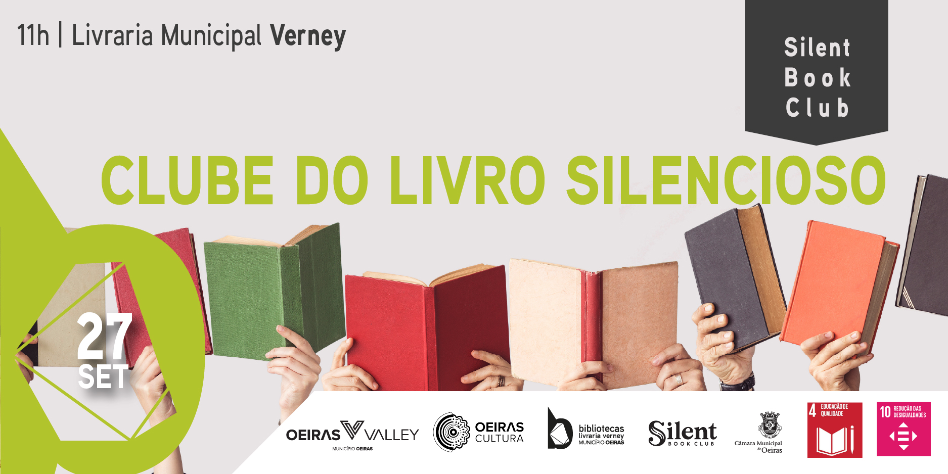 Imagem com várias mãos a segurarem livros e com indicação do nome do evento, local, data e hora