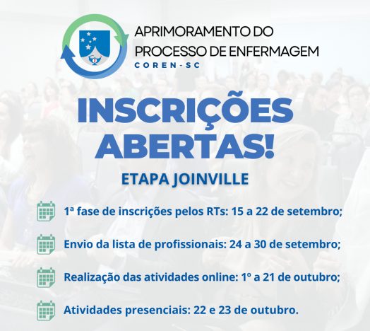 Inscrições abertas para a Etapa Joinville do Curso de Aprimoramento do Processo de Enfermagem | Coren-SC