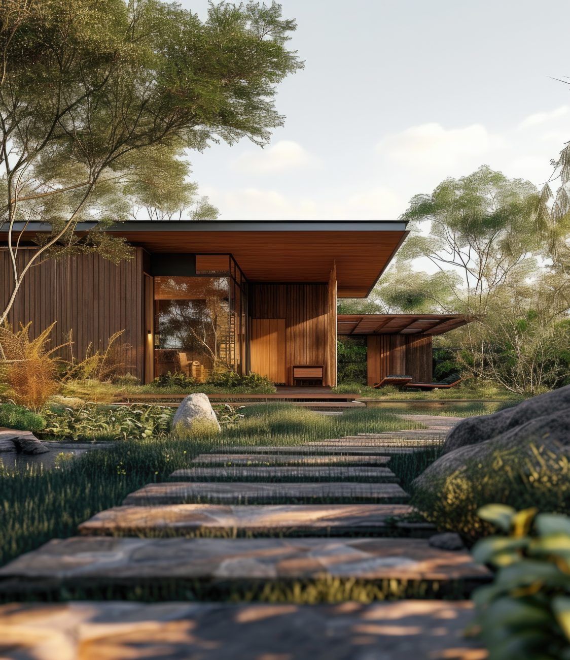 Linda casa de campo moderna de madeira cercada por natureza e um jardim bem cuidado, ideal para relaxar e desfrutar da tranquilidade rural.